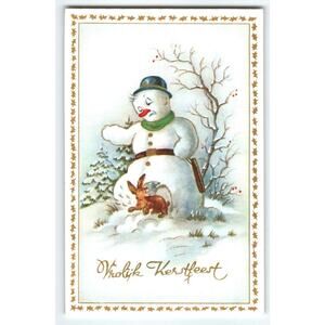 Merry Christmas Dutch Text Postcard Anthropomorphic Snowman Rabbit Snow Belgium